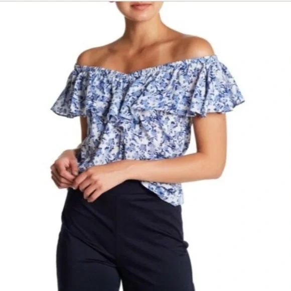 REBECCA TAYLOR Aimee Off Shoulder Blue & White Cotton Floral Top - Picture 2 of 13